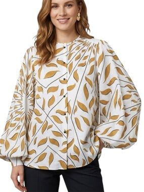 Dorothee Schumacher Buttoned Blouse Size 4 Large White Gold Leaves